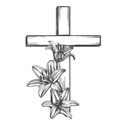 Holzkreuz mit Lilienbl&uuml;ten, die an der linken Seite des Kreuzes angeordnet sind. Zeichnung in schwarz-wei&szlig;.